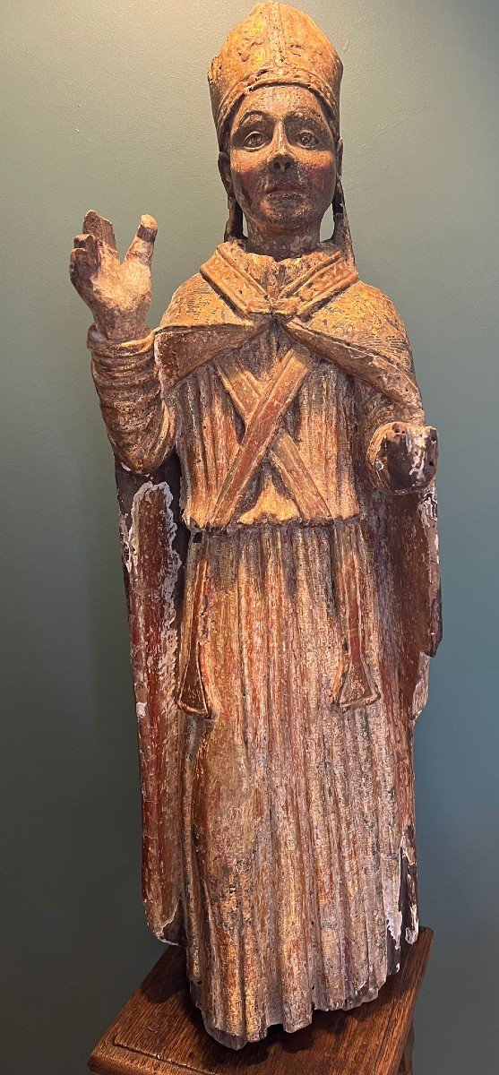 Statue De Saint Evêque En Bois Sculpté Polychrome Et Doré 