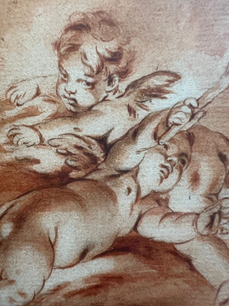 Two Loves In Clouds, Red Chalk Drawing 18th Century-photo-4