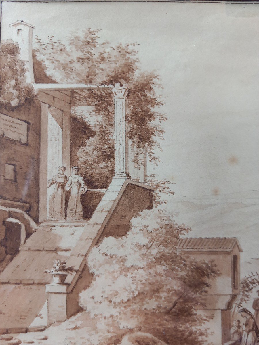 Dessin XIXe Au Lavis Paysage Italien Dans Le Goût Troubadour A.philippe d'Après Claude Thiénon 