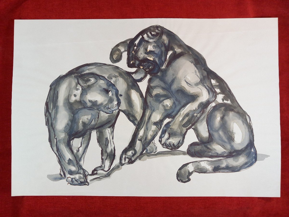 The Two Panthers, Ink And Watercolor 20th Century Folowing Paul Jouve -photo-2