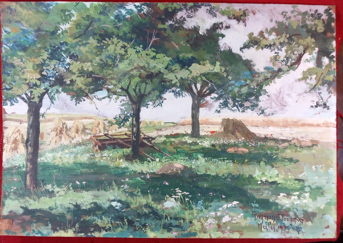 "apple Trees And Harvests In Nesles" Oil On Cardboard By Raymond Tournon 20th Century-photo-2