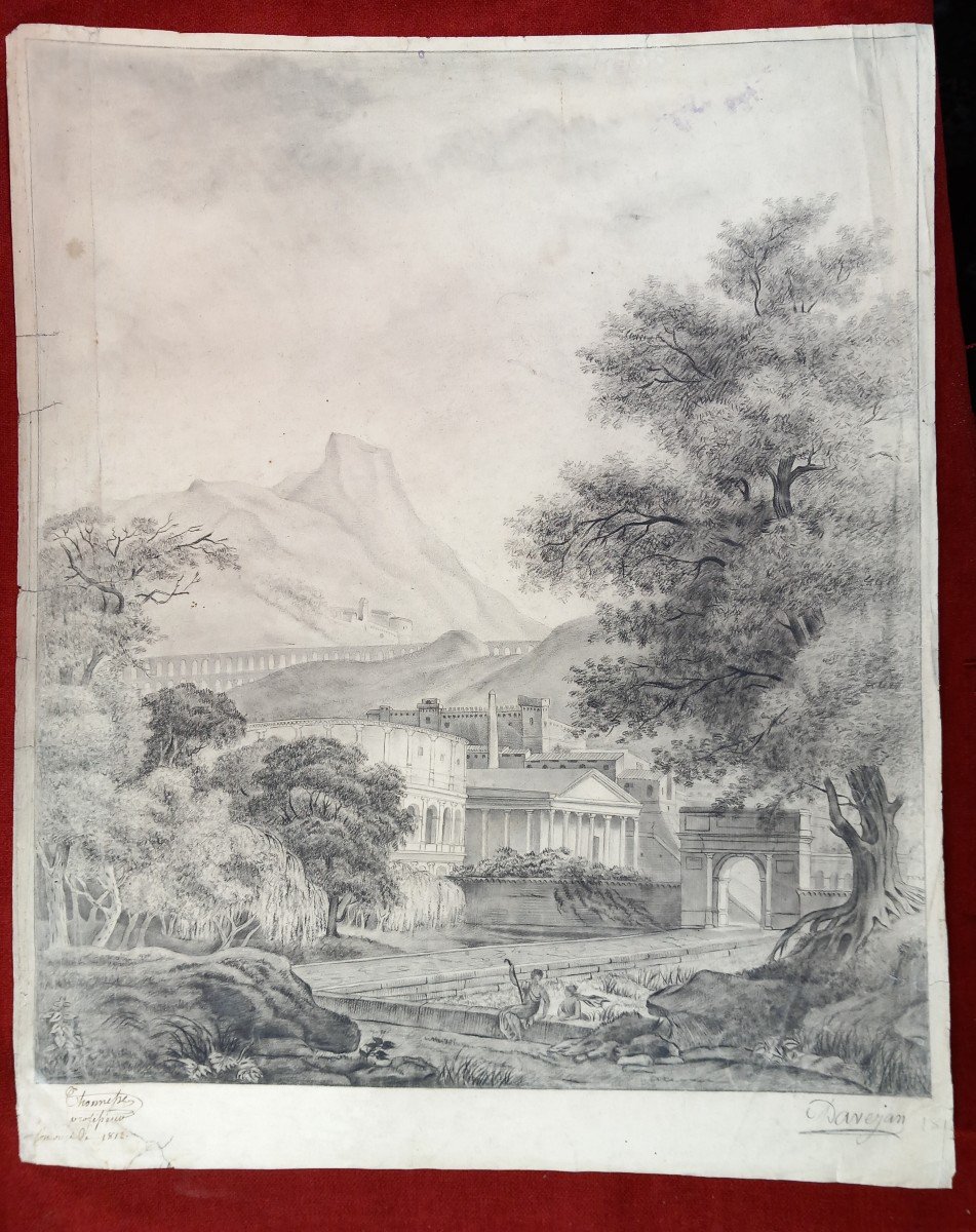 Dessin Au Crayon Caprice Architectural Et Paysage Italien 1812 XIXe Eleve Prytanée Militaire  -photo-2