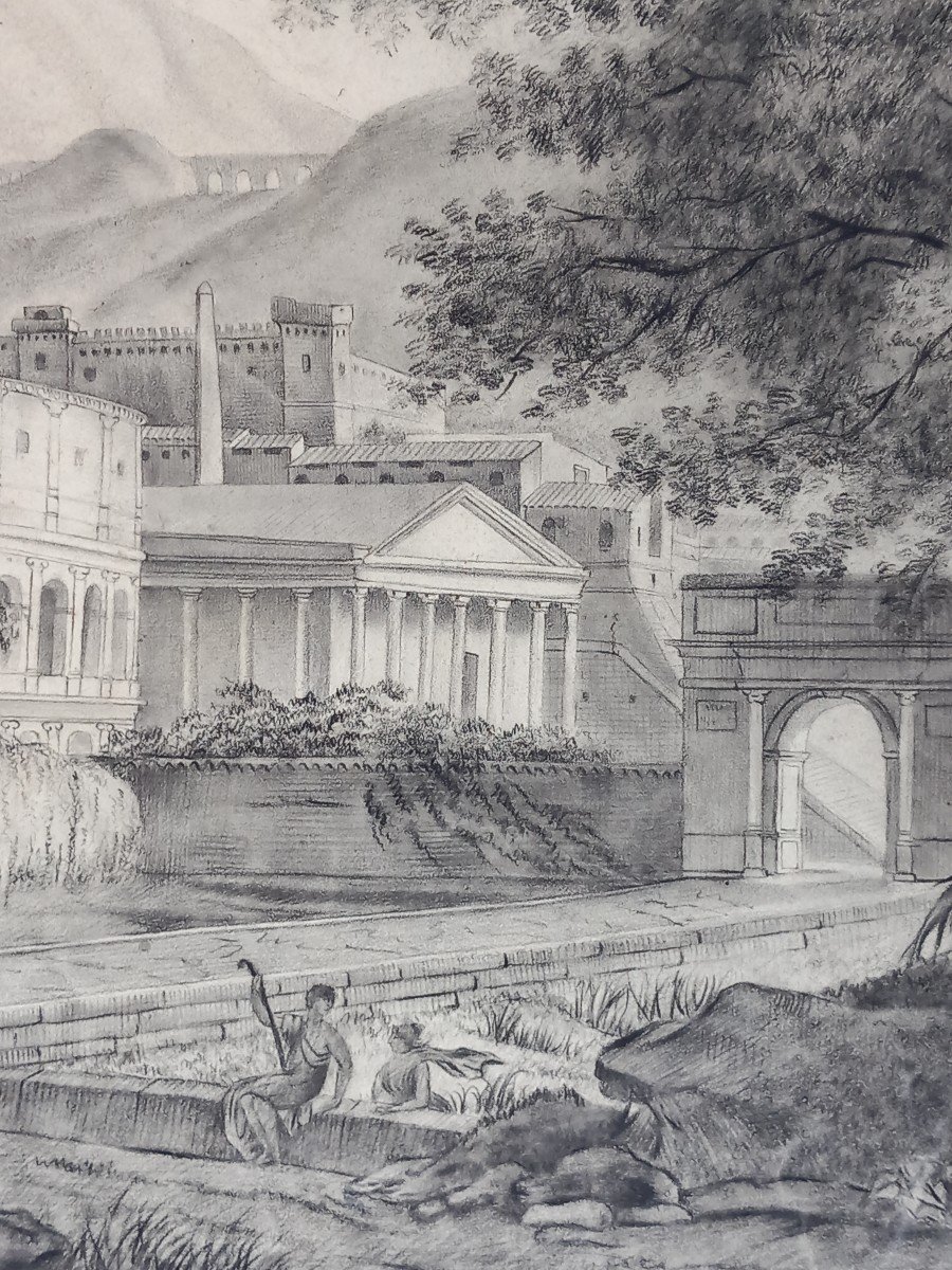 Dessin Au Crayon Caprice Architectural Et Paysage Italien 1812 XIXe Eleve Prytanée Militaire  