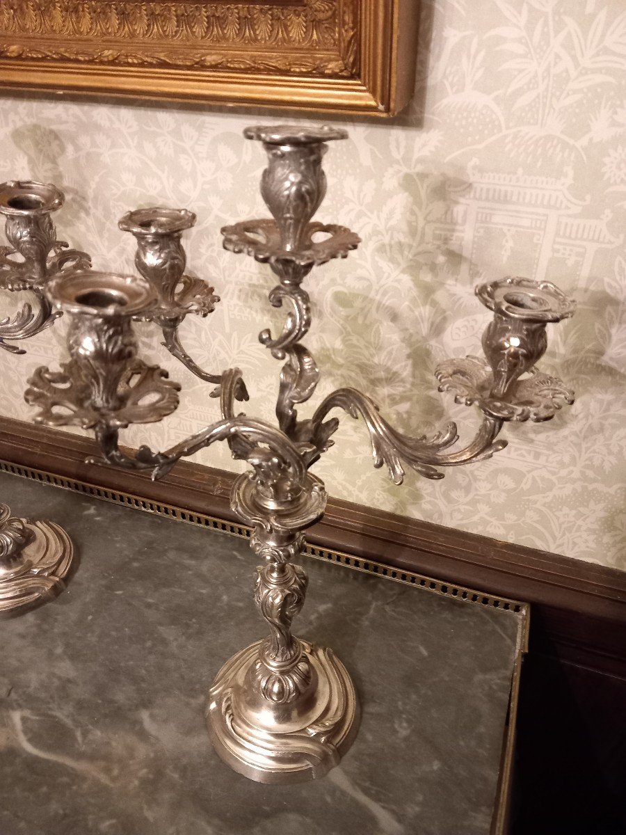 Large Pair Of Louis XV Style Silver Metal Candelabras -photo-2