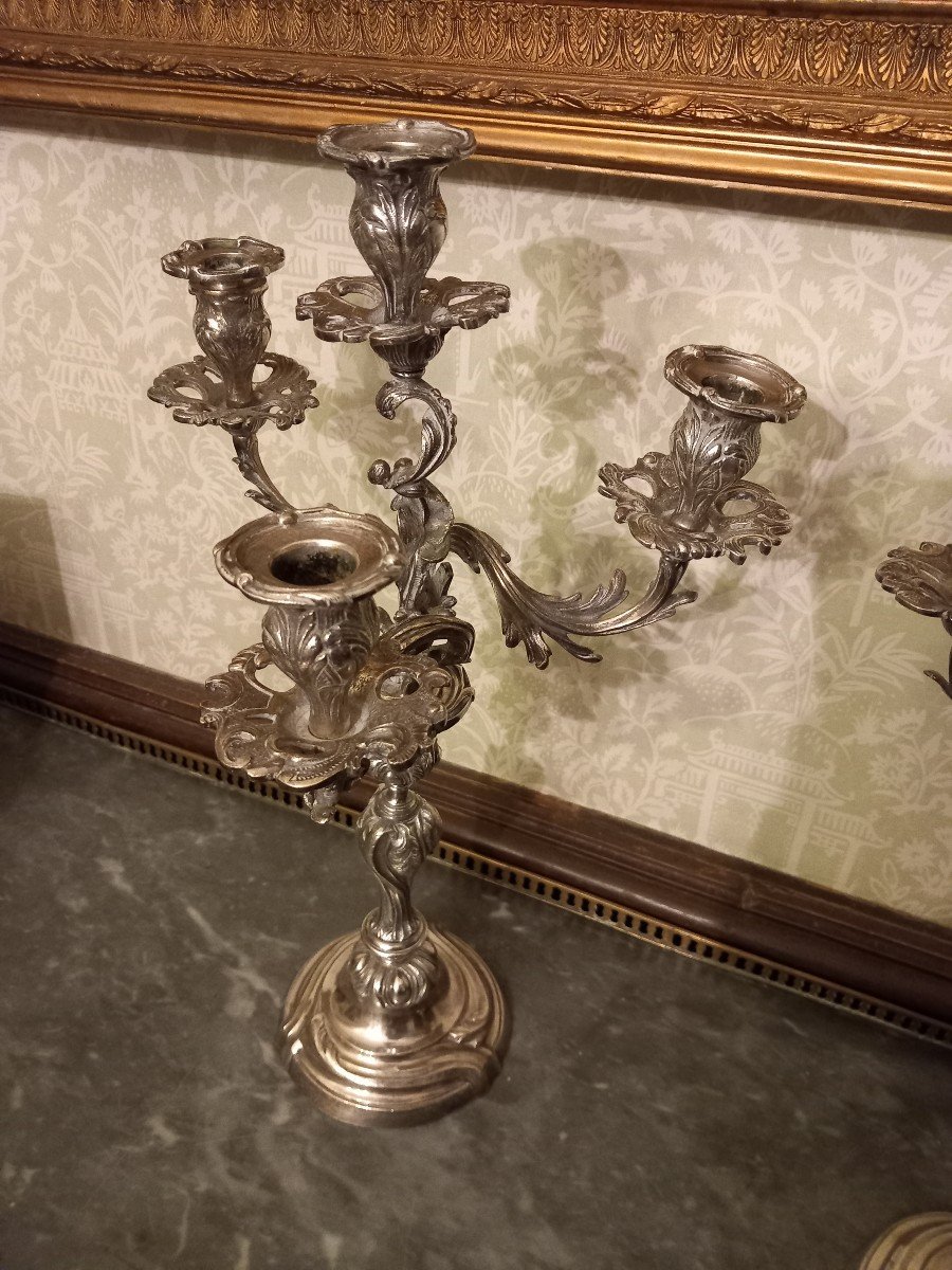 Large Pair Of Louis XV Style Silver Metal Candelabras -photo-3