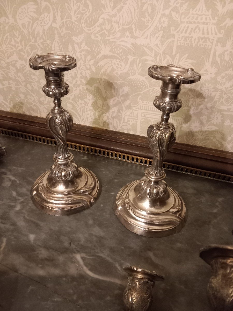 Large Pair Of Louis XV Style Silver Metal Candelabras -photo-1