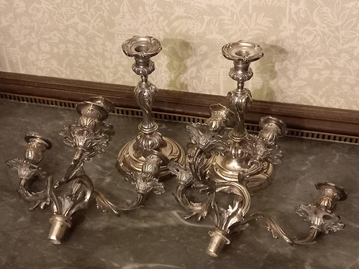 Large Pair Of Louis XV Style Silver Metal Candelabras -photo-2