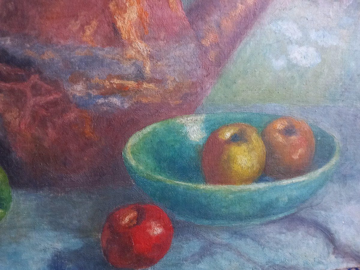 Nature Morte "pommes Et Arrosoir En Cuivre" Charles Jean Renaud Albi Huile Sur Toile-photo-2