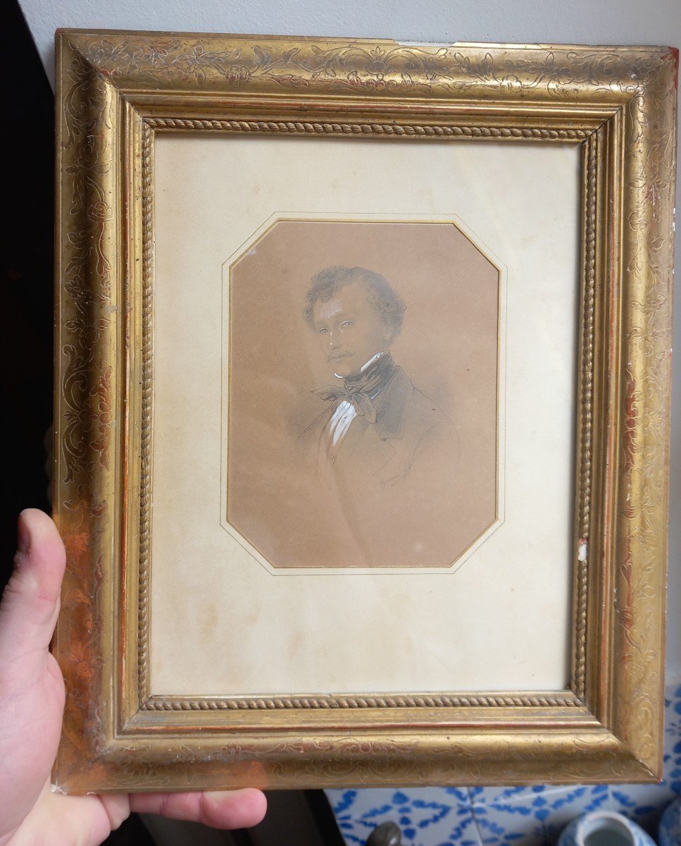 Giurane "portrait Of A Young Man" Black Pencil Drawing, Signed, 1844-photo-4