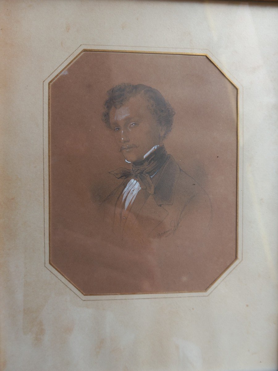 Giurane "portrait Of A Young Man" Black Pencil Drawing, Signed, 1844-photo-4