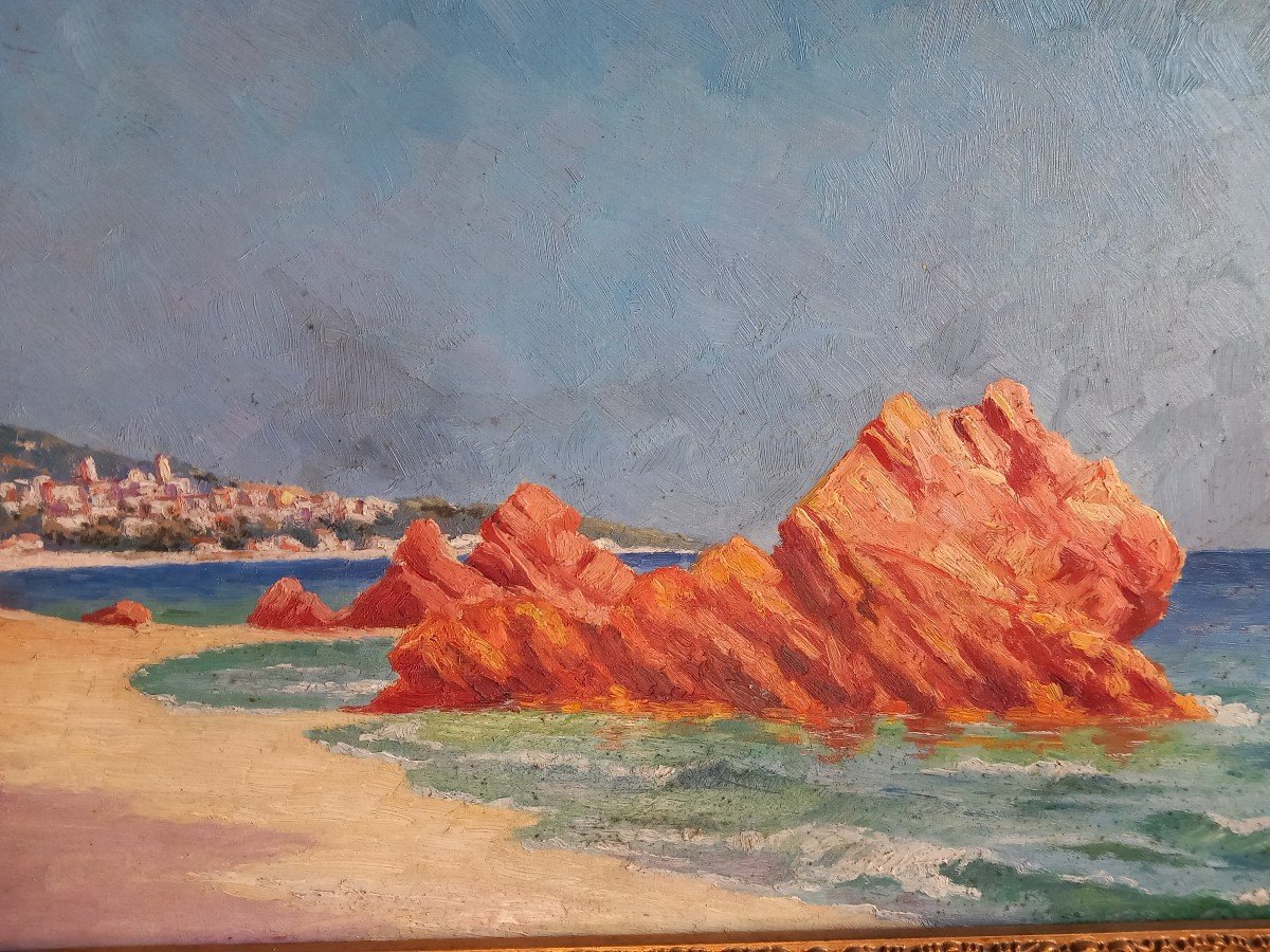 The Red Rocks In Agay Côte d'Azur Saint-raphaël Nice Oil Canvas 19th Century Frame-photo-2