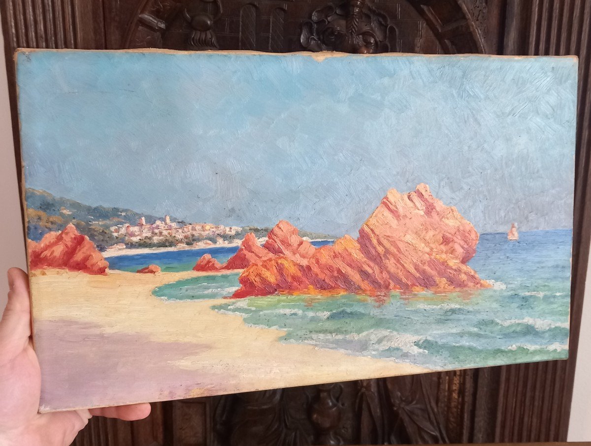 The Red Rocks In Agay Côte d'Azur Saint-raphaël Nice Oil Canvas 19th Century Frame-photo-3