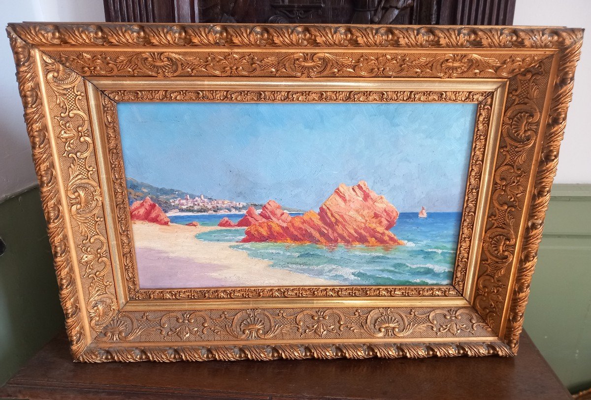 The Red Rocks In Agay Côte d'Azur Saint-raphaël Nice Oil Canvas 19th Century Frame