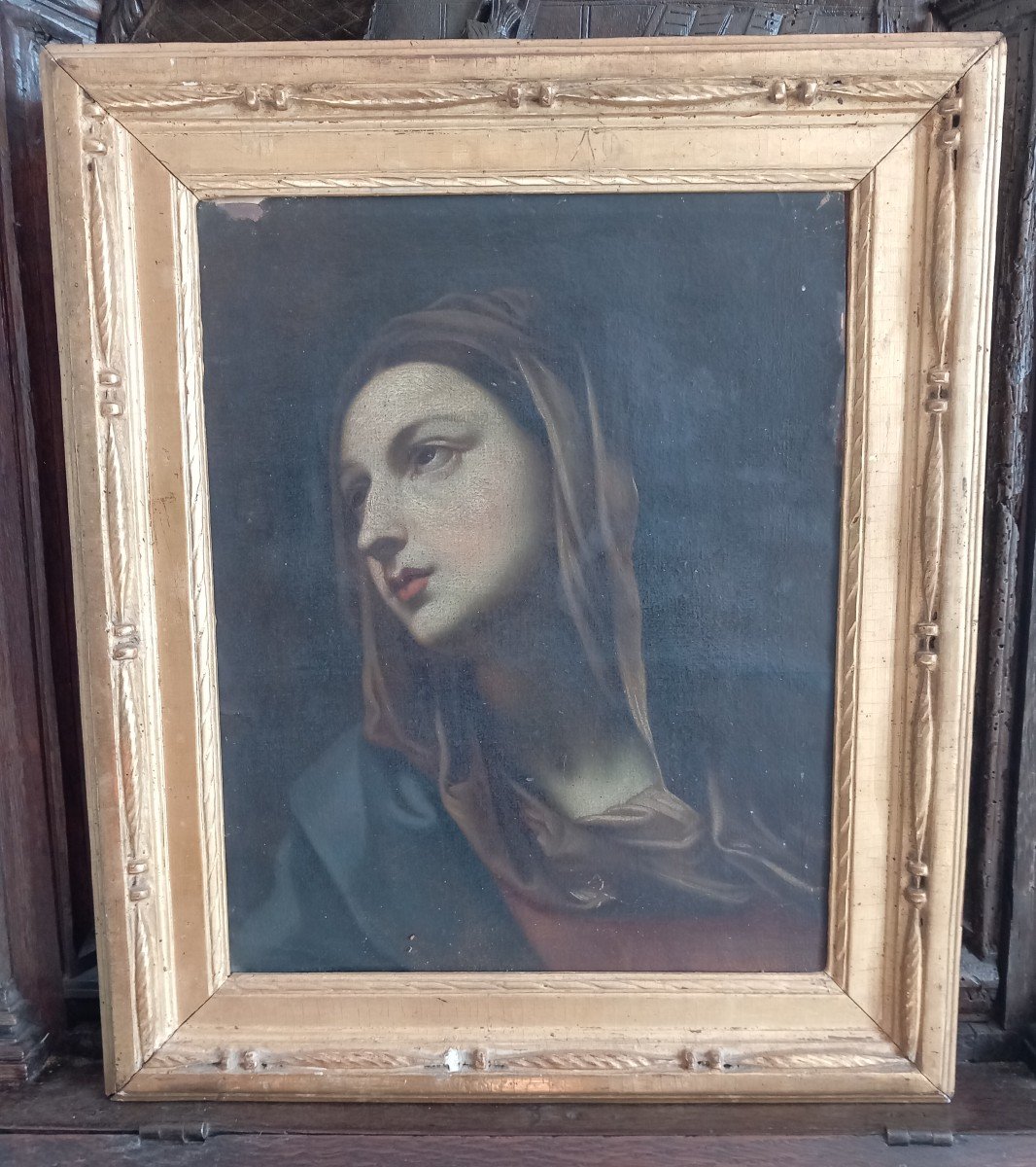 Virgin In Prayer Mater Dolorosa Oil On Canvas French School 18th Century Golden Frame 