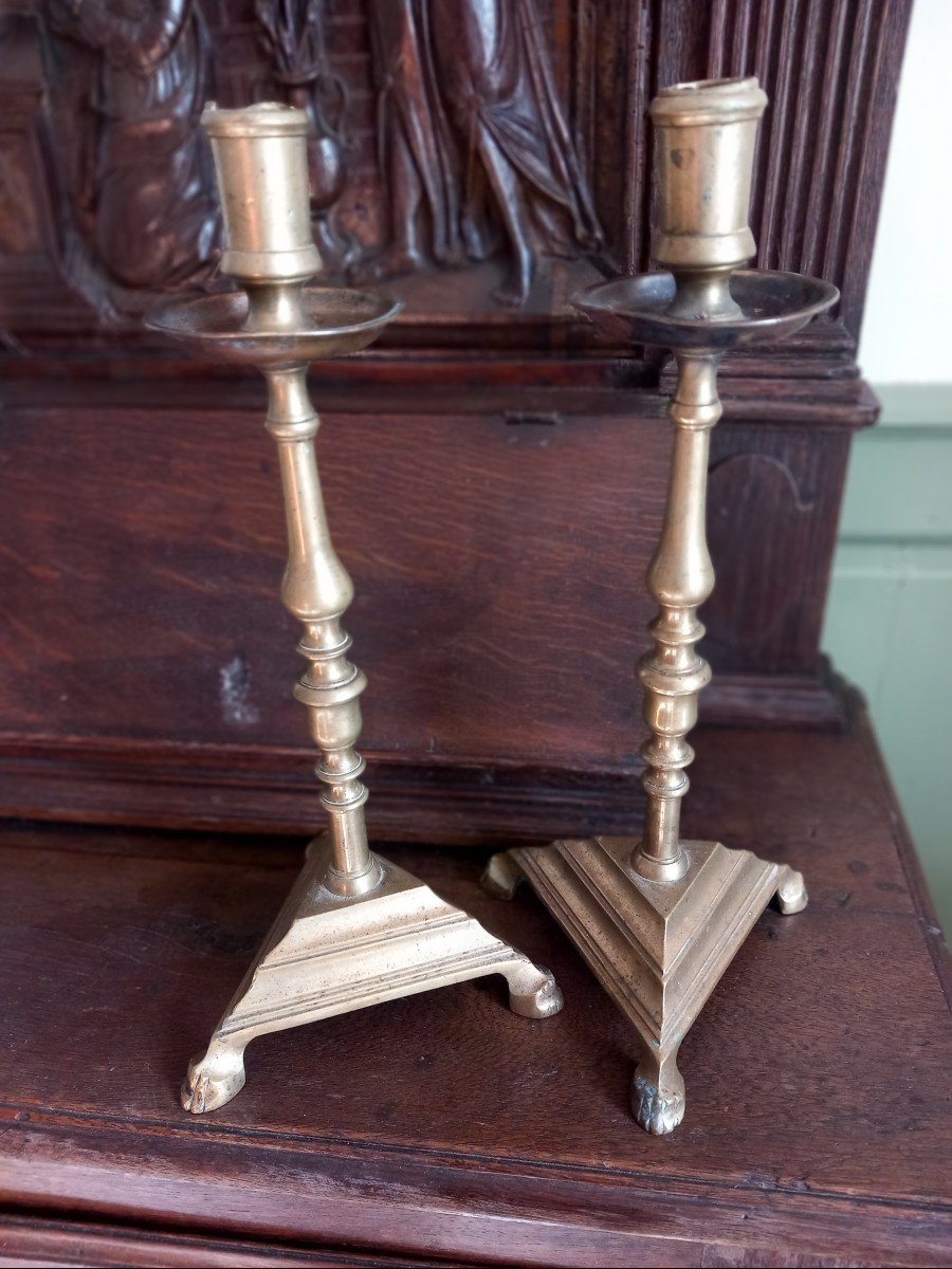 Pair Of 17th Century Bronze Candlesticks Triangular Base