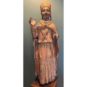 Statue De Saint Evêque En Bois Sculpté Polychrome Et Doré 