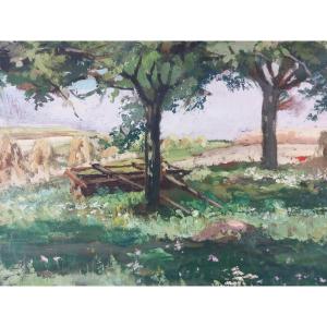 "apple Trees And Harvests In Nesles" Oil On Cardboard By Raymond Tournon 20th Century