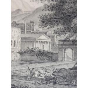 Dessin Au Crayon Caprice Architectural Et Paysage Italien 1812 XIXe Eleve Prytanée Militaire  