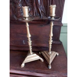 Pair Of 17th Century Bronze Candlesticks Triangular Base