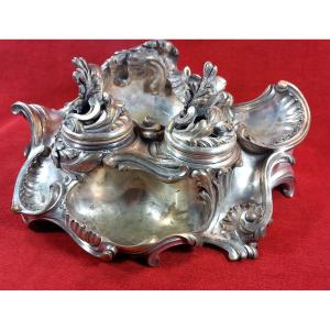 Important 19th Century Rococo Rocaille Style Silver Plated Bronze Desk Inkwell 