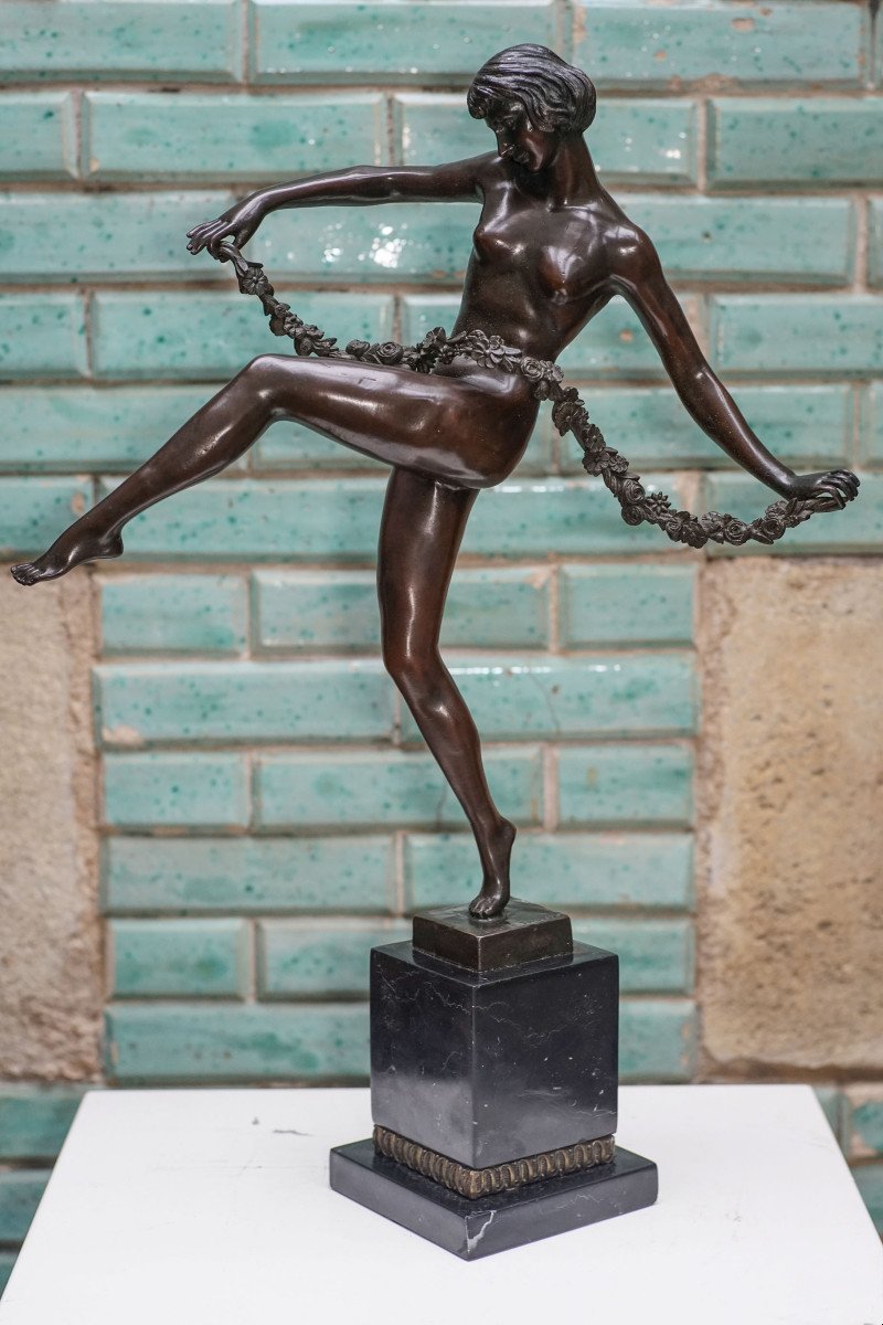 Pierre LE FAGUAYS, " Danseuse au thyrse ", bronze art déco.