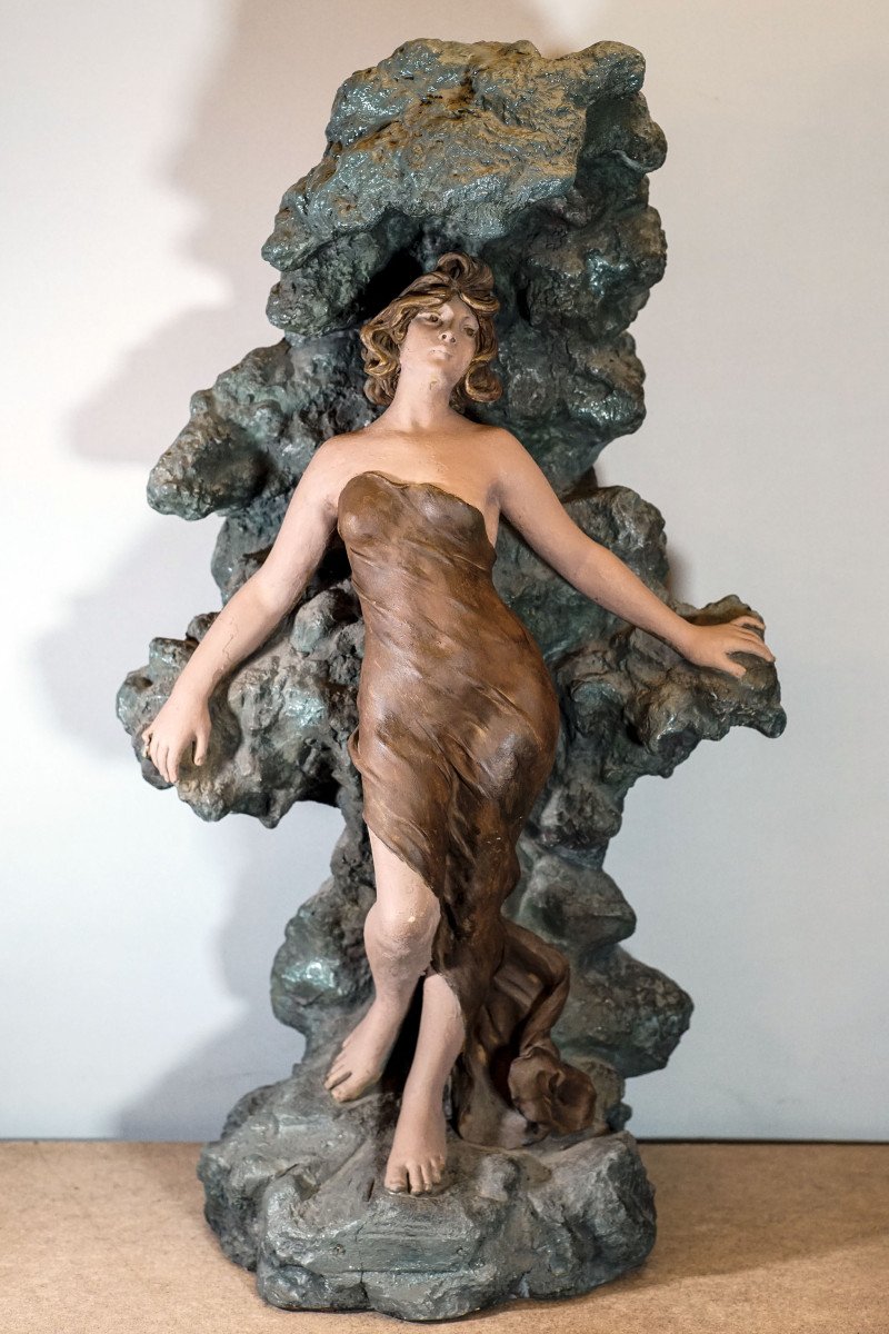 Paladin, Femme Au Rocher, Terre Cuite Rocaille, Fontaine Art Nouveau, 78 Cm