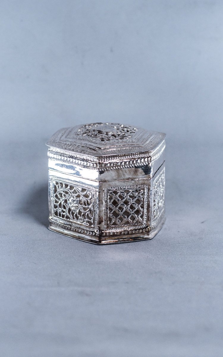 Burma Silver Hexagonal Betel Lime Box 79g-photo-6