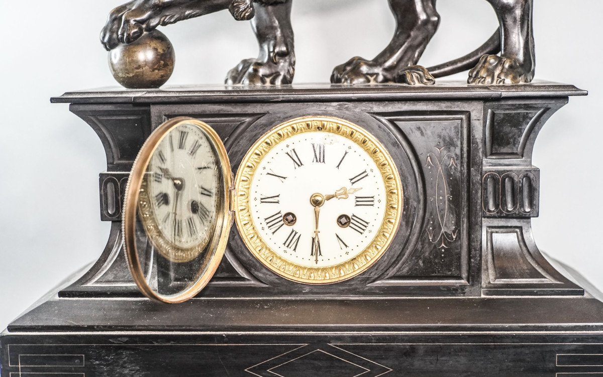 PENDULE  AU LION DE VENISE, bronze et marbre, Nap.  III-photo-3