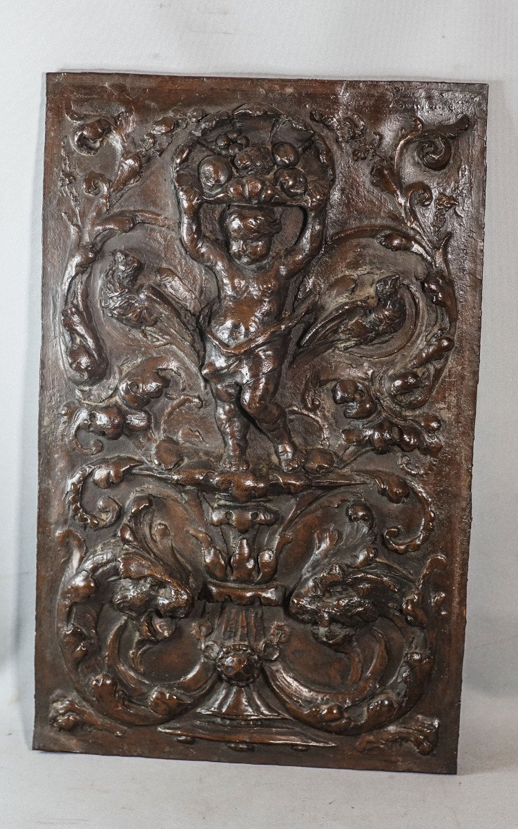 Putto, Bas Relief On Copper On Wood, 19th Century