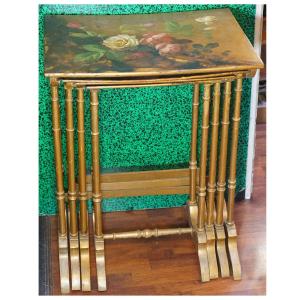 4 Nest Of Tables, Gilded Wood, Painted Tops, Art Nouveau