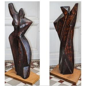 étienne Balmadier Known As Balma, "couple", Pair Of Wooden Sculptures