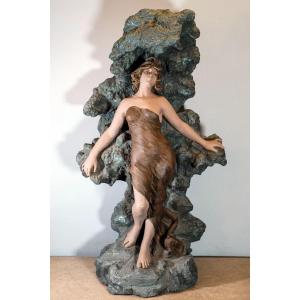 Paladin, Woman At The Rock, Rocaille Terracotta, Art Nouveau Fountain, 78 Cm