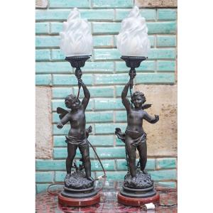 ANGES, "CHARMEUR" et "VAINQUEUR", par Ernest RANCOULET, paire de lampes flammes, régule