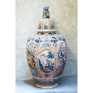 Large Richly Colored Delft Potiche Vase