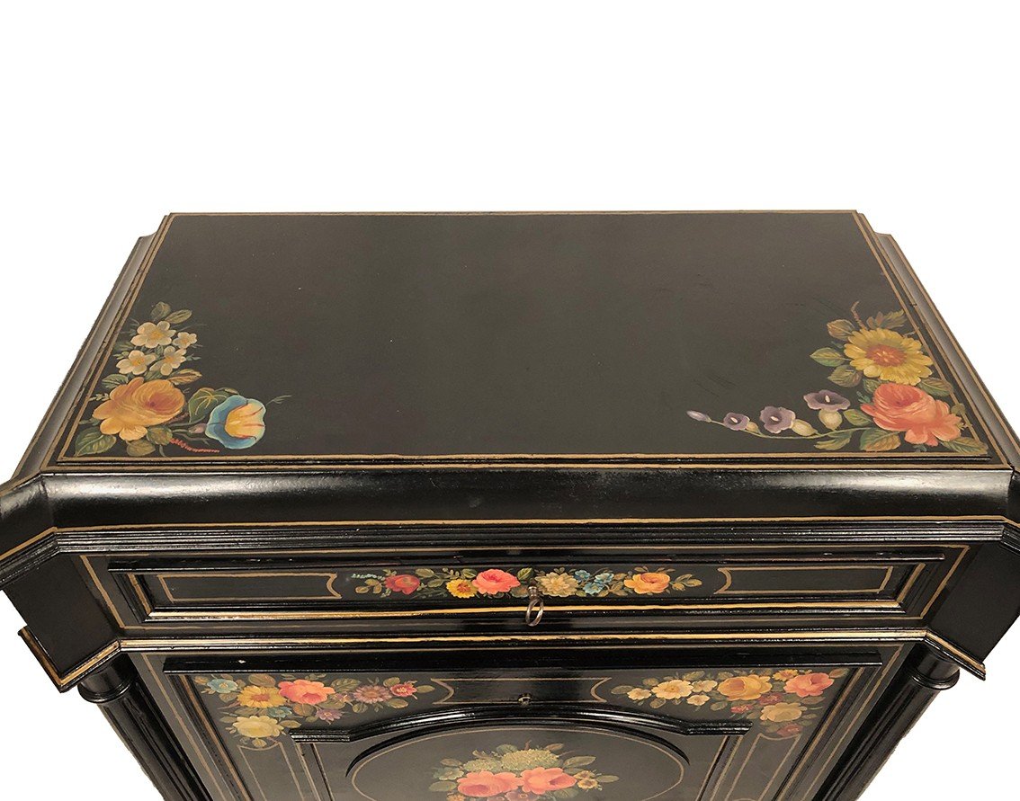 Secretary In Lacquered Wood With Rich Flower Decorations On A Black Background, 19th Century-photo-3