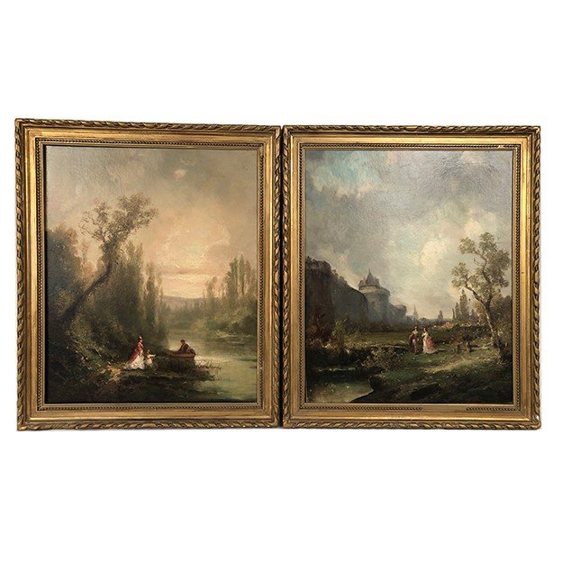 Paire D’huiles Sur Toile, Paysages Animés XIXe