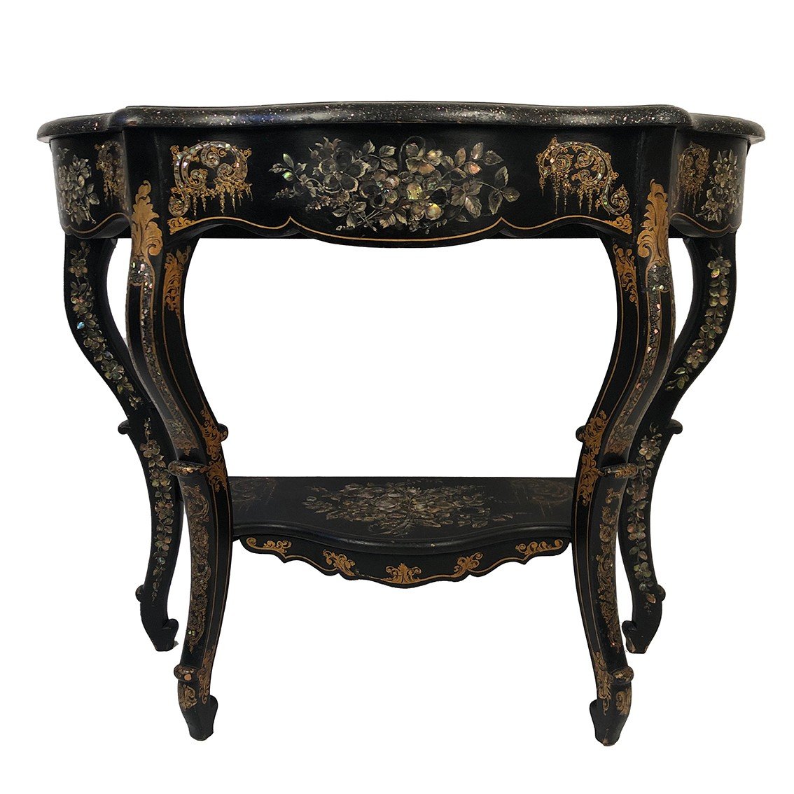 Large Napoleon III Console, Blackened Wood With Rich Painted And Burgundy Decor-photo-2