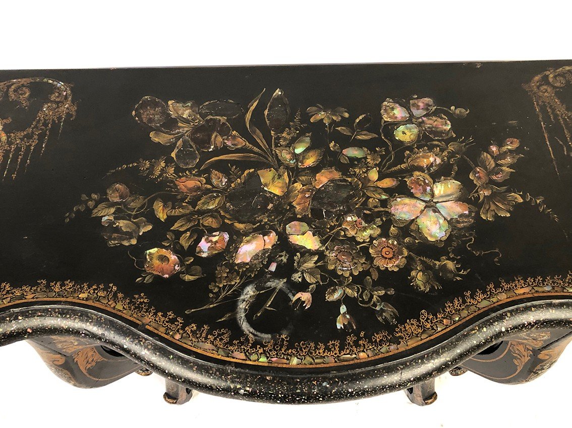 Large Napoleon III Console, Blackened Wood With Rich Painted And Burgundy Decor-photo-4