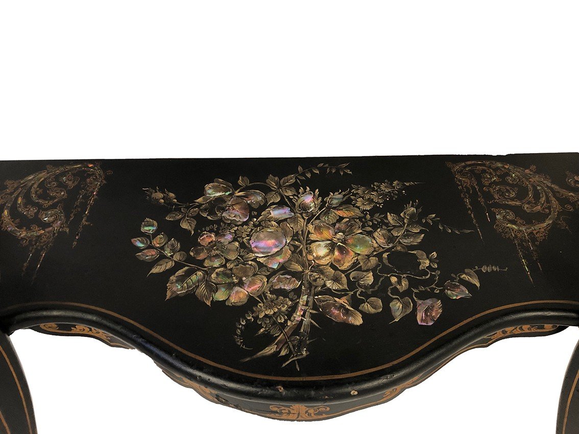 Large Napoleon III Console, Blackened Wood With Rich Painted And Burgundy Decor-photo-2