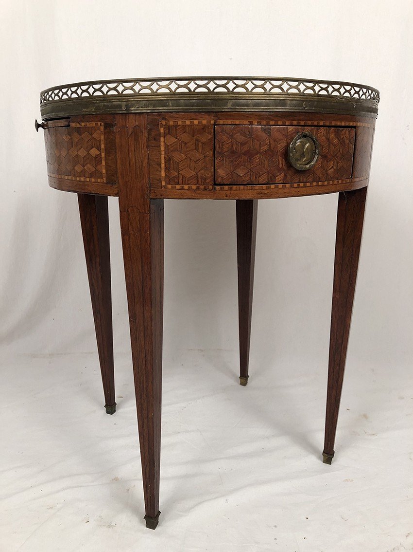 Louis XVI Bouillotte Pedestal Table, Cube Marquetry-photo-3