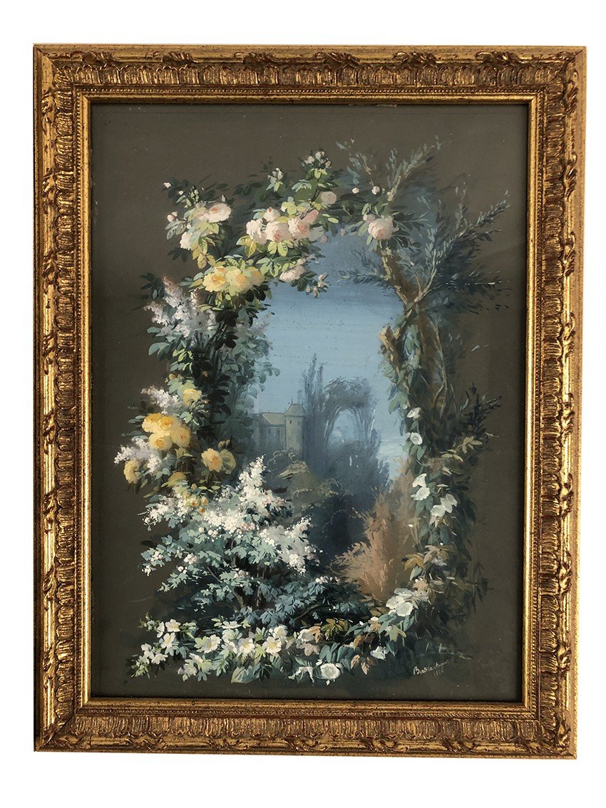 Auguste Bertrix. Paire De Gouaches Encadrées Sous-verre Datées 1854-photo-3