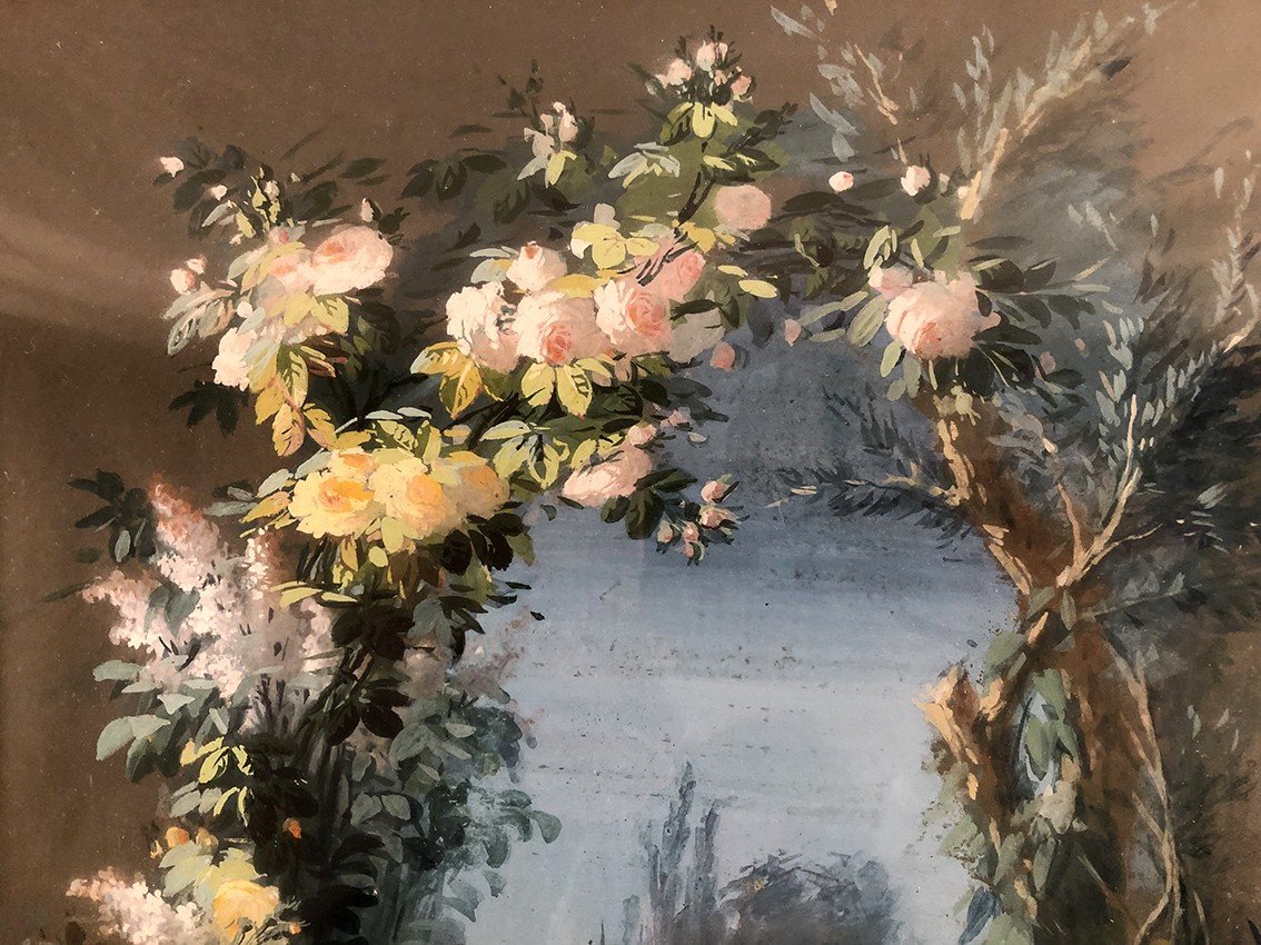 Auguste Bertrix. Paire De Gouaches Encadrées Sous-verre Datées 1854-photo-5