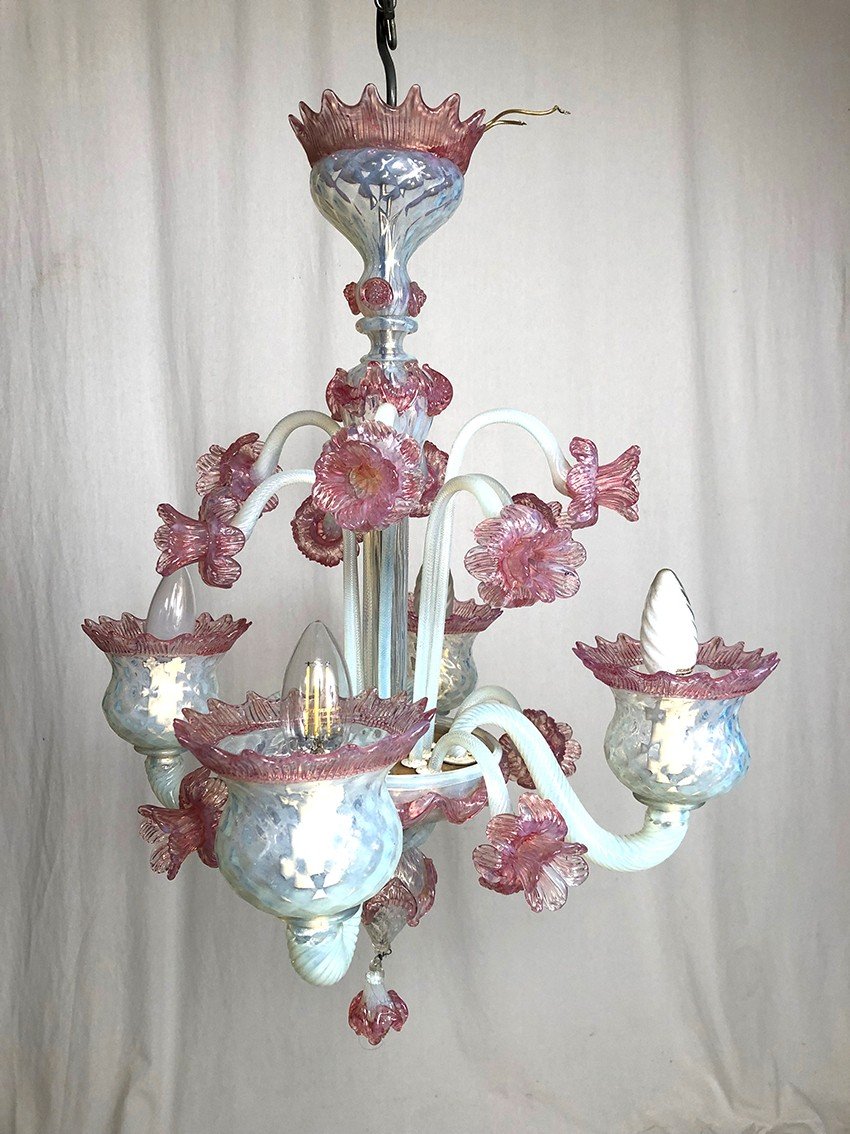 Milky White And Pink Murano Glass Chandelier With Four Arms Of Light-photo-2