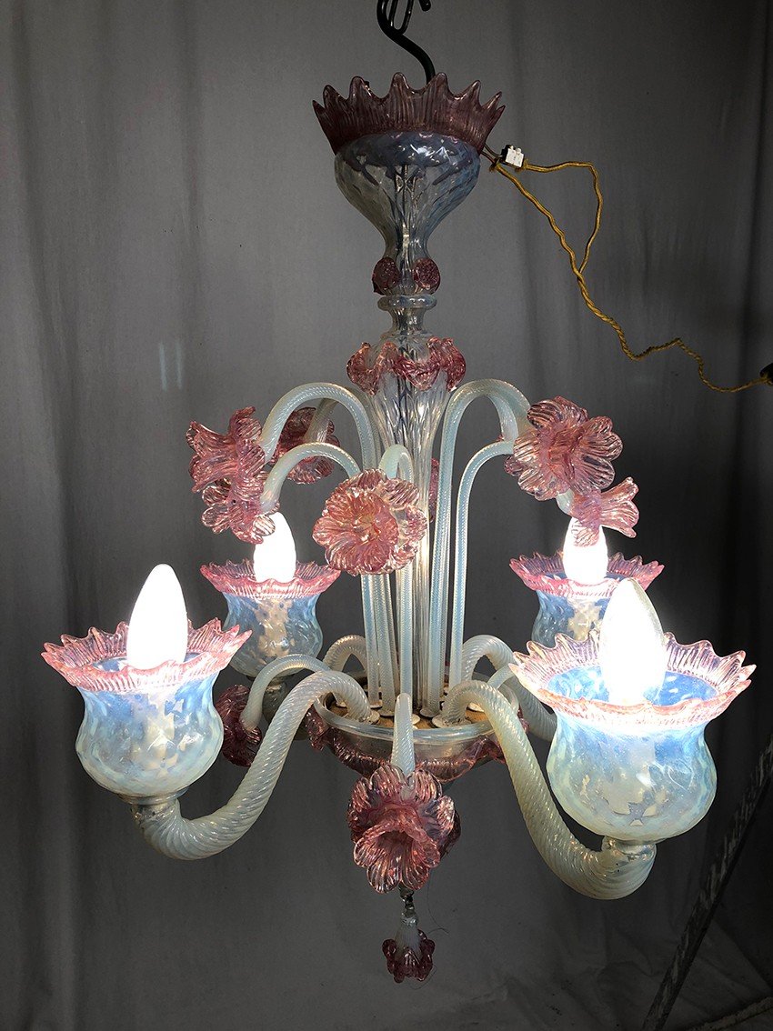 Milky White And Pink Murano Glass Chandelier With Four Arms Of Light-photo-3