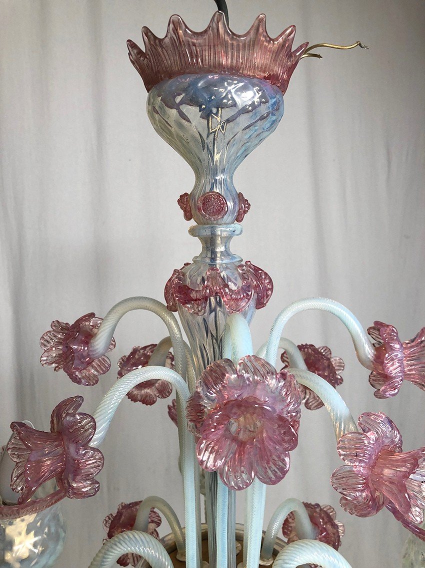 Milky White And Pink Murano Glass Chandelier With Four Arms Of Light-photo-2