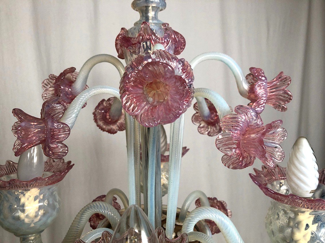 Milky White And Pink Murano Glass Chandelier With Four Arms Of Light-photo-3