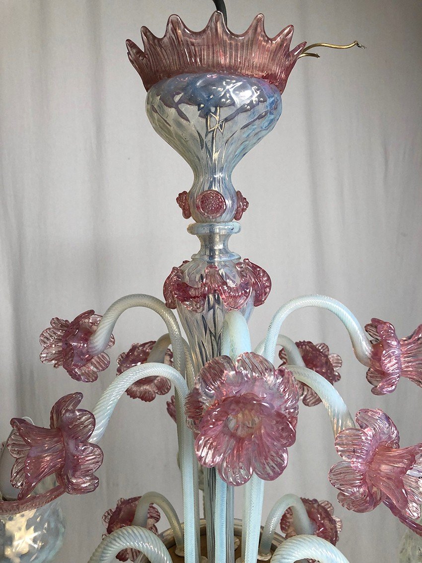 Milky White And Pink Murano Glass Chandelier With Four Arms Of Light-photo-5