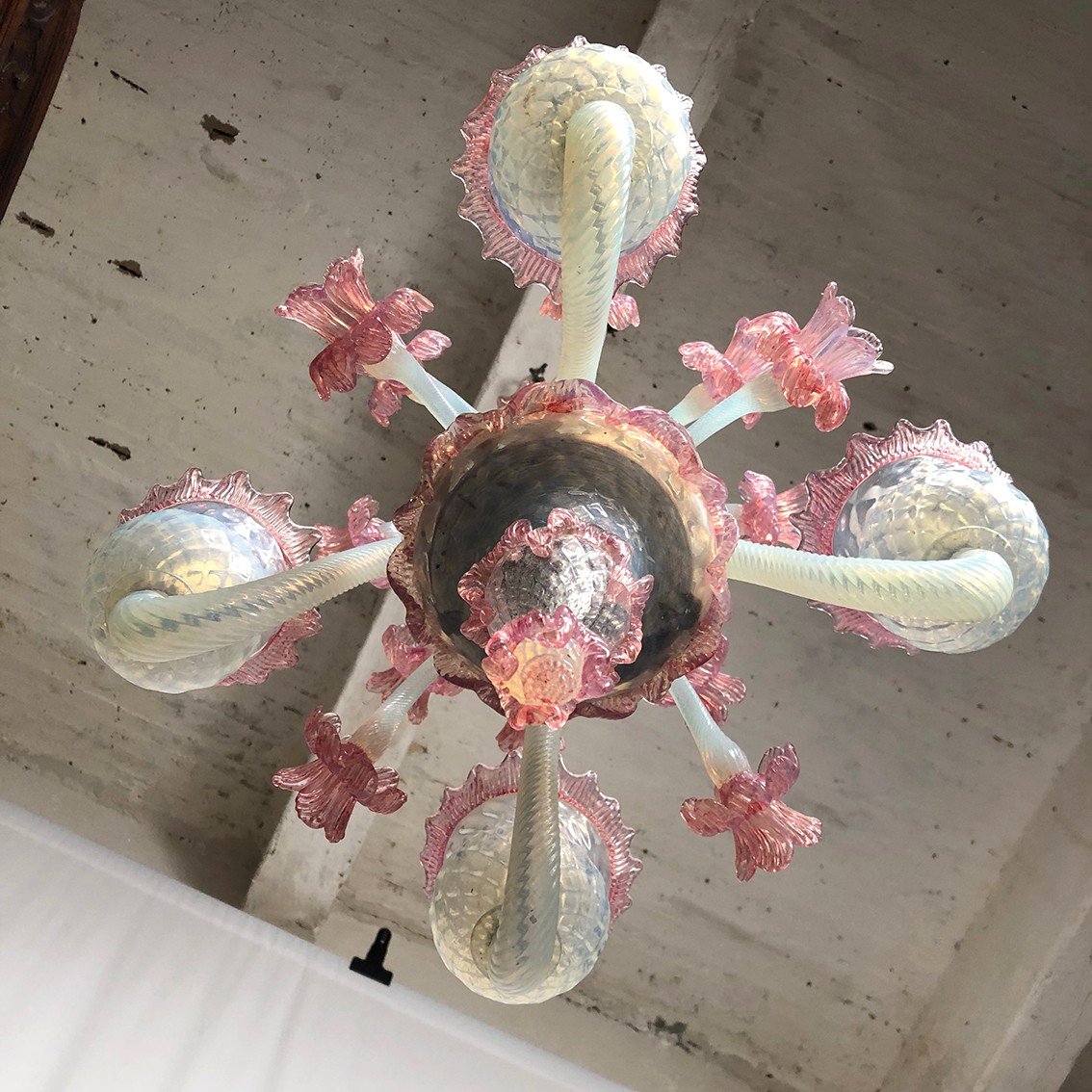 Milky White And Pink Murano Glass Chandelier With Four Arms Of Light-photo-7