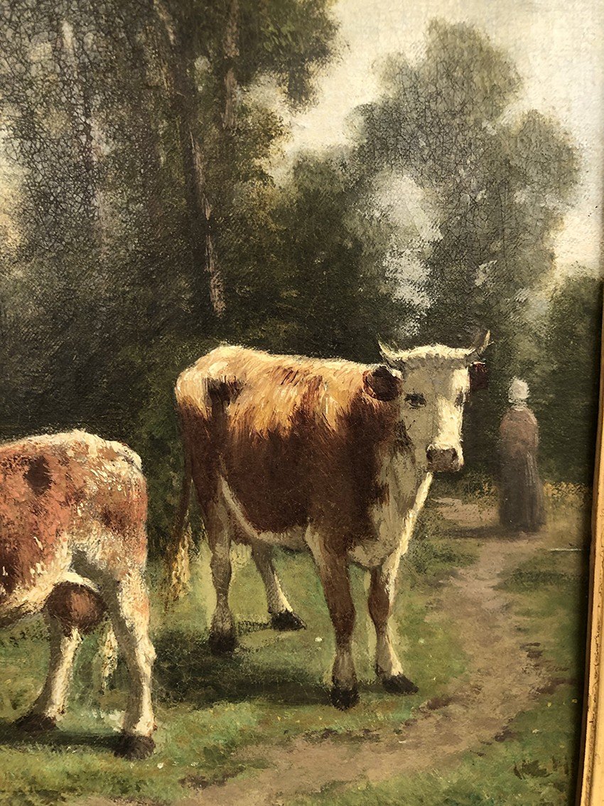 René Joseph Ménard (france, 1827-1887), Huile Sur Toile “fermière Et Vaches”-photo-3