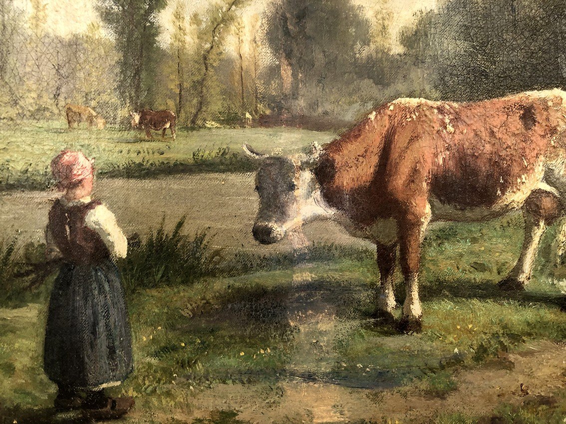 René Joseph Ménard (france, 1827-1887), Huile Sur Toile “fermière Et Vaches”-photo-4